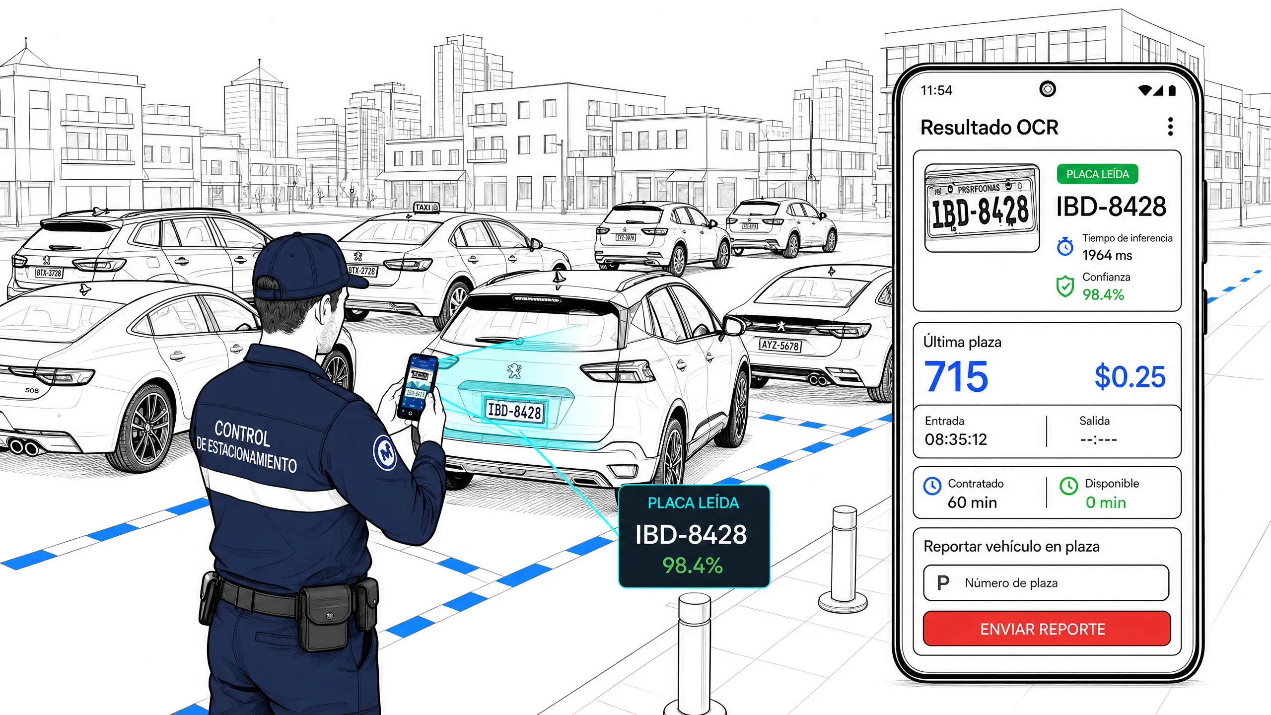 Agente de control utilizando DNEC PlateVision en Android para reconocer una placa en la calle
